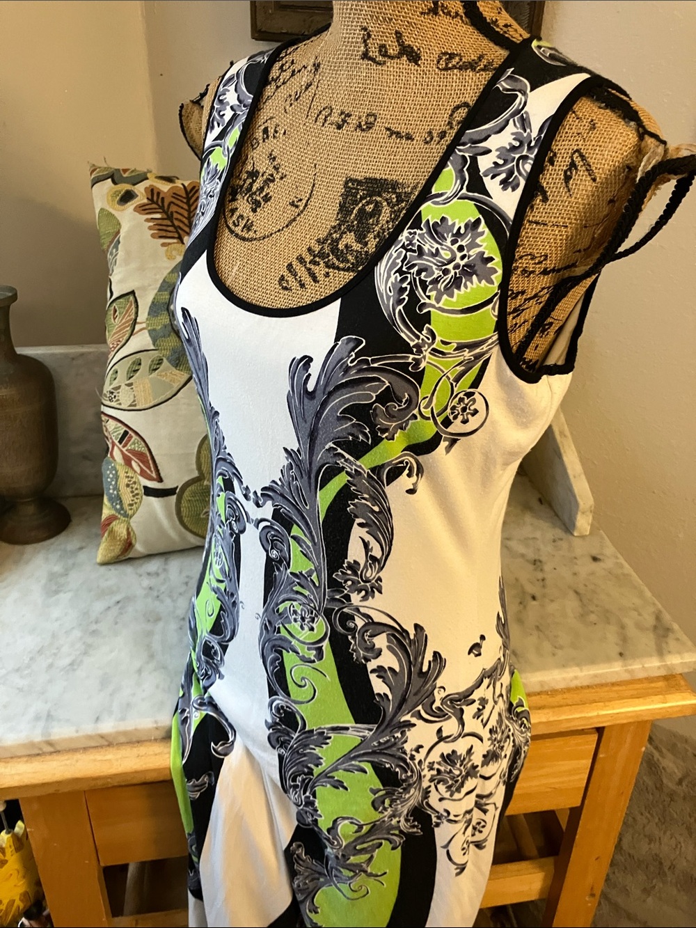 Hale Bob White, Lime & Black Printed Sleeveless Maxi Dress Gorgeous L! - Picture 6 of 11